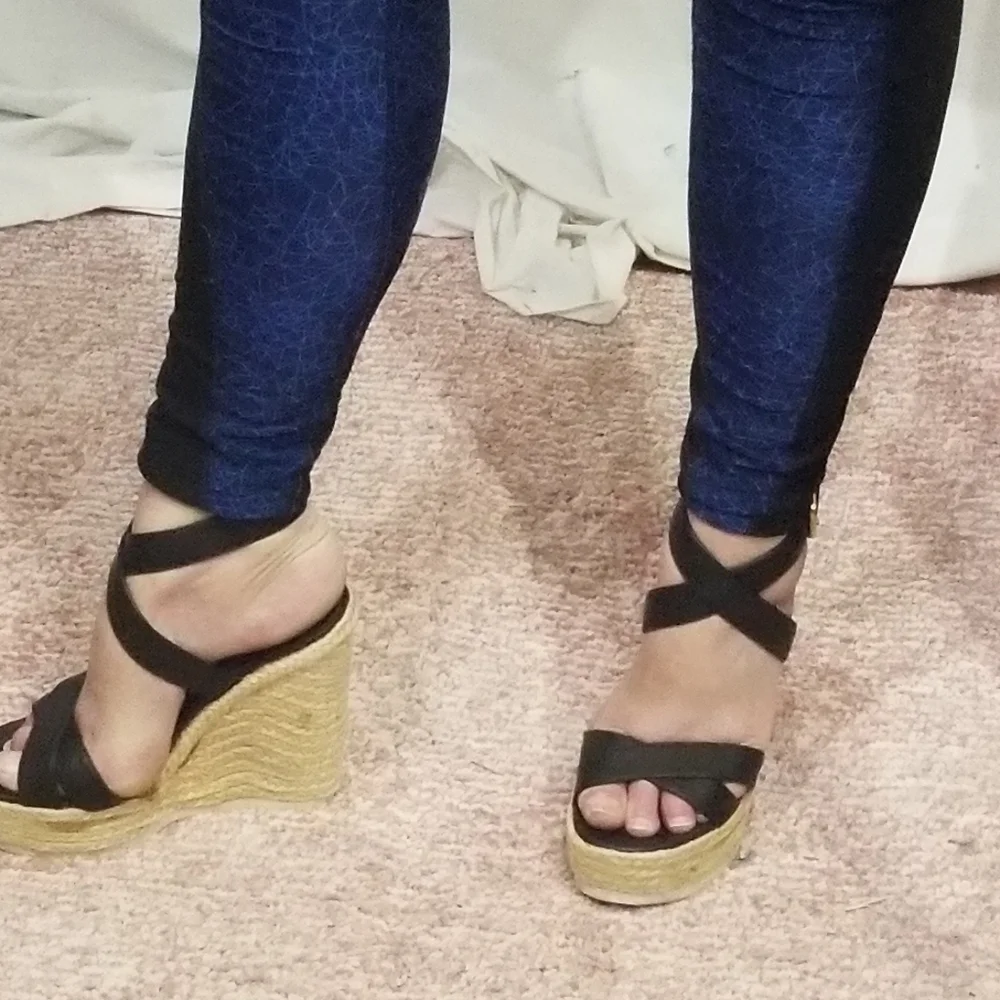 PRICE DROP-YSL Yves Saint Laurent Espadrille Wedge Black Leather Sandal